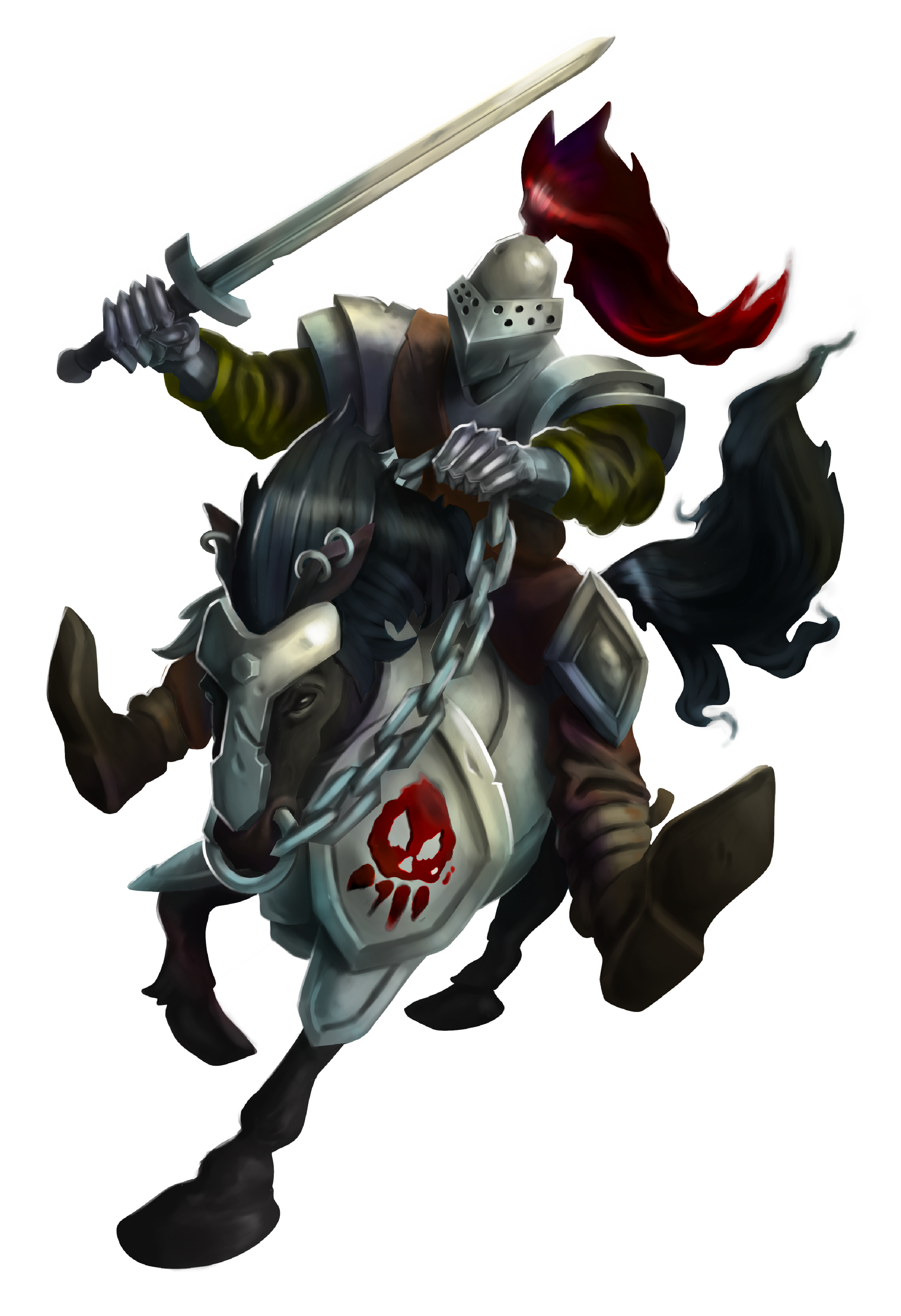 Dark knight on horseback — finished character concept art with skull shield, sword, and dramatic lighting